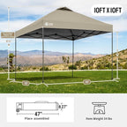 CROWN SHADES Adjustable Height on The Fly, 10x10 Pop Up Canopy - Beach Tent with One Push Setup - Easy Outdoor Sun Shade for Events, Parties, Camping - Outside Shade with STO-N-Go Bag, Khaki