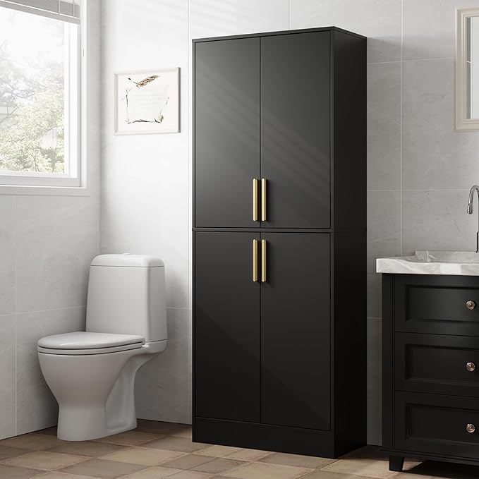 71" Tall Pantry Cabinet, 4 Doors Kitchen Pantry Storage Cabinet, Freestanding Larder Cupboard, Kitchen Hutch with Gold Handles for Dining Room, Bathroom, Black