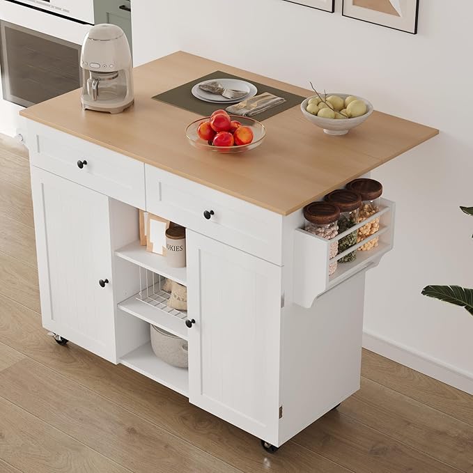 Kitchen Island on Wheels, Rolling Kitchen Island with Drop Leaf and 2 Drawers, Mobile Kitchen Cart Table Storage Cabinet with Tower Rack and Spice Rack for Dining Room, Kitchen, White