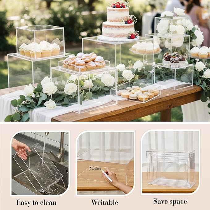 Leinuosen 7 Pcs Extra Large Buffet Risers Set 10" to 16" Rectangle Acrylic Display Box Catering Dessert Table Riser Food Display Decorative Stand with Hollow Bottom for Catering Supplies(Clear)