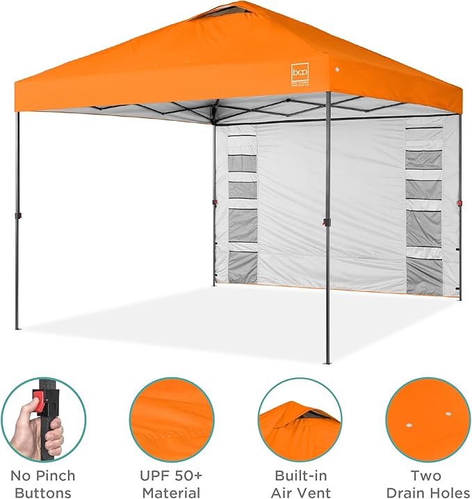 Best Choice Products 10x10ft Easy Pop Up Canopy w/Side Wall, 10 Pockets, Portable Carrying Case, 1-Button Setup, 4 Weight Bags - Orange
