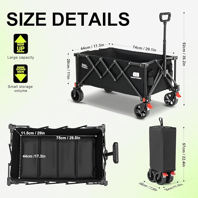 Collapsible Wagon with Wheels,Wagons Carts Foldable Wagon Cart with Flexible Handle, Lightweight Portable Folding Utility Grocery Shopping Cart for Grocery Sports Garden Camping(Black)