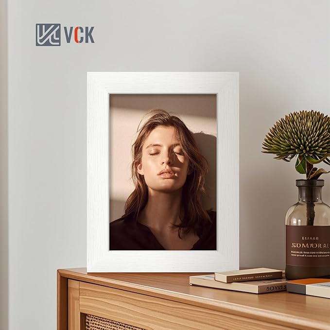 VCK 5x7 Picture Frame, White Wood Frame Set of 5 with Tempered Glass, Display 4x6 Photos with Mat or 5x7 without Mat, Tabletop and Wall Mounting