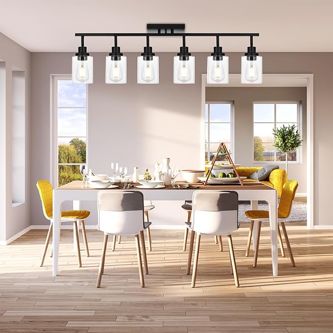 6-Light Track Lighting Kit Black Track Lighting Fixtures Bathroom Wall Sconces Ceiling Mount Kitchen Tracking Lights, Rotatable Spotlight with Clear Glass Shade for Kitchen Shop Hallway