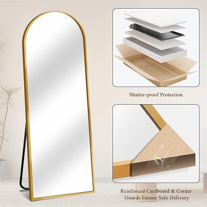 64"x21" Full Length Mirror with Stand, Shatterproof Arched Floor Mirror, Aluminum Alloy Thin Frame - Freestanding/Leaning/Wall Mount for Bedroom, Living Room & Entryway (Gold)