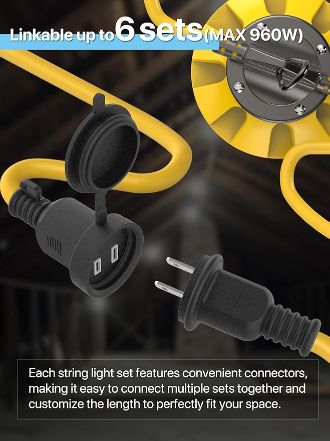 HYPERLITE LED Construction String Lights: 50FT LED String Work Lights with 5 Bulbs - IP65 Waterproof Linkable Temporary Lighting for Job Site Attic Renovation Crawlspace Lighting