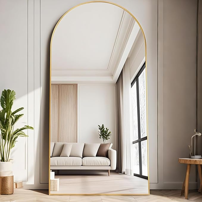 TinyTimes 71''x30'' Oversized Arched Full Length Mirror Large Full Body Floor Mirror with Stand for Hanging, Big Full Size Long Mirror with Aluminum Frame for Bedroom, Living Room (Gold)