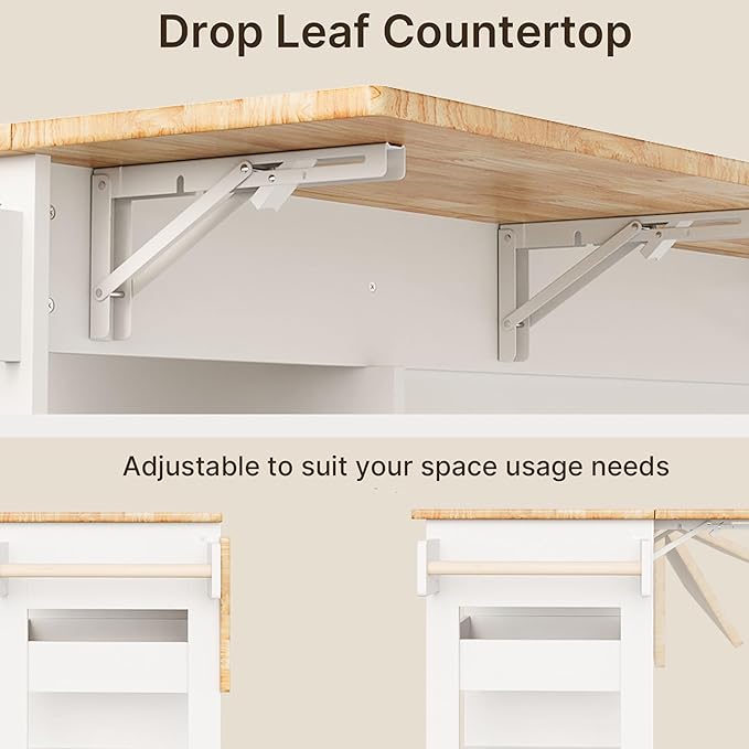 Gizoon Update Kitchen Island, 41.7" W Kitchen Island with Storage, Rolling Island Table on 5 Wheels, with Drop Leaf, Refrigerator Door, Adjustable Shelf, Spice/Towel Rack, Removable Tray, White