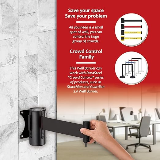 DuraSteel Wall Mount Crowd Control Retractable Belt Barrier - 9.2 Ft Black Retractables Barrier Belt, Crowd Control Barriers Do Not Enter Line Dividers for Crowds NOT Stanchions with Retractable Belts