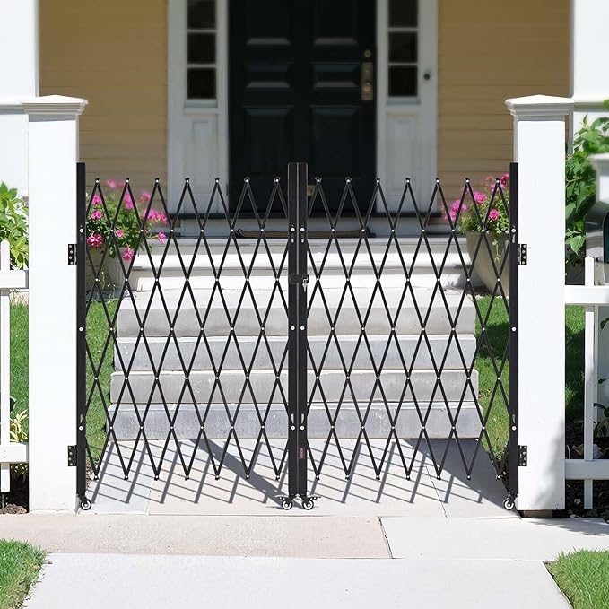 VEVOR Double Folding Security Gate, Lockable Scissor Gate with 360° Swivel Casters, Outdoor Barricade Steel Retractable Gates, for Entry Security, Garage, Warehouse & Pool, 145.67 x 63.19 in (W x H)