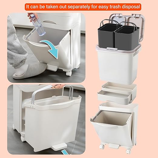 42L Kitchen Trash Can with Lid, Three-Layer Dual Trash and Recycling Bins with Wheels, Vertical Dry and Wet Separation Waste Sorting Bins with 3 Removable Inner Buckets