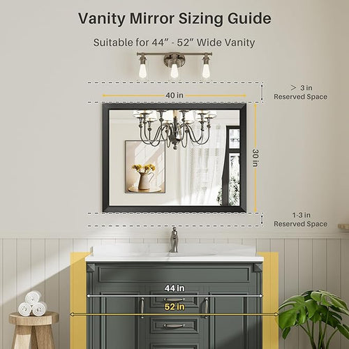 40x30 Inch Black Bathroom Mirror for Wall, Thick Metal Framed Rectangle Mirrors for Over Sink, Bedroom, Living Room, Entryway, Anti-Rust, HD Tempered Glass