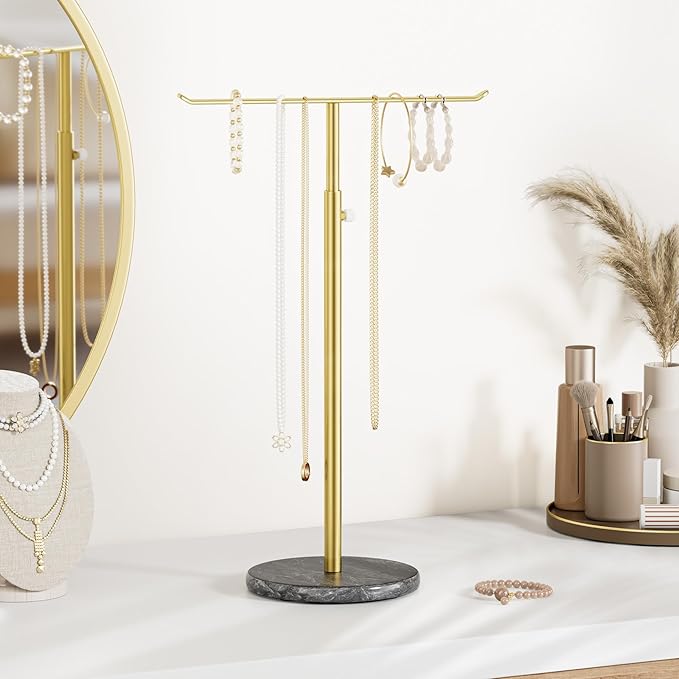 Gold Necklace Holder Jewelry Organizer Stand – Adjustable Height T‑Bar Jewelry Display with Dark Gray Marble Base, Necklace & Bracelet Holder, Countertop Jewelry Stand