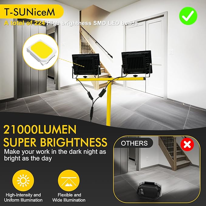 21000Lumen Work Lights with Stand, 2 Head LED Work Light with Adjustable and Foldable Tripod Stand, IP66 Waterproof Portable Work Light for Outdoor Workshop Garage Construction Site Job Site