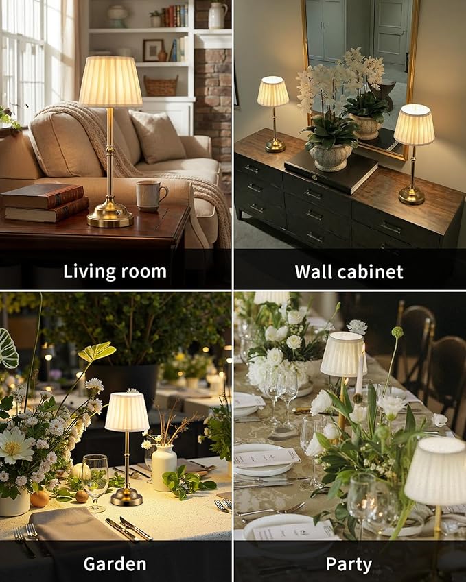 KDG Cordless LED Table Lamp Set of 2, Portables Fabric Shade Desk Lamps, 4000mAh Rechargeable Battery Powered Lighting, Dimmable Light for Dining Room, Bedroom, Bedside, Night Light, Balcony (Bronze)