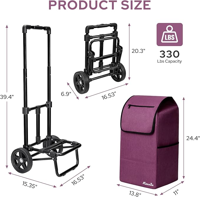 KEDSUM 2 in 1 Shopping Cart for Groceries, 330 lbs Grocery Cart on Wheels, Foldable Utility Carts with Wheels, Load-Bearing Hand Truck with Waterproof Bag for Shopping,Camping,Laundry,Garden, Purple