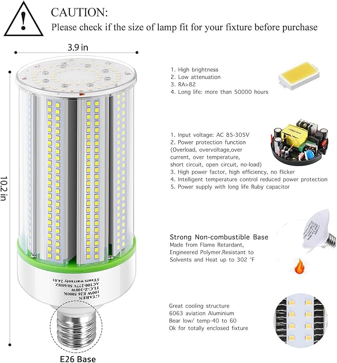 2-Pack 60W LED Corn Light Bulb,E26/E39 LED Bulbs,Super Bright,5000k,Replacement CFL Metal Halide HID HPS for Street Area Basement Yard Warehouse Work Shop High Bay Light Fixture Gym