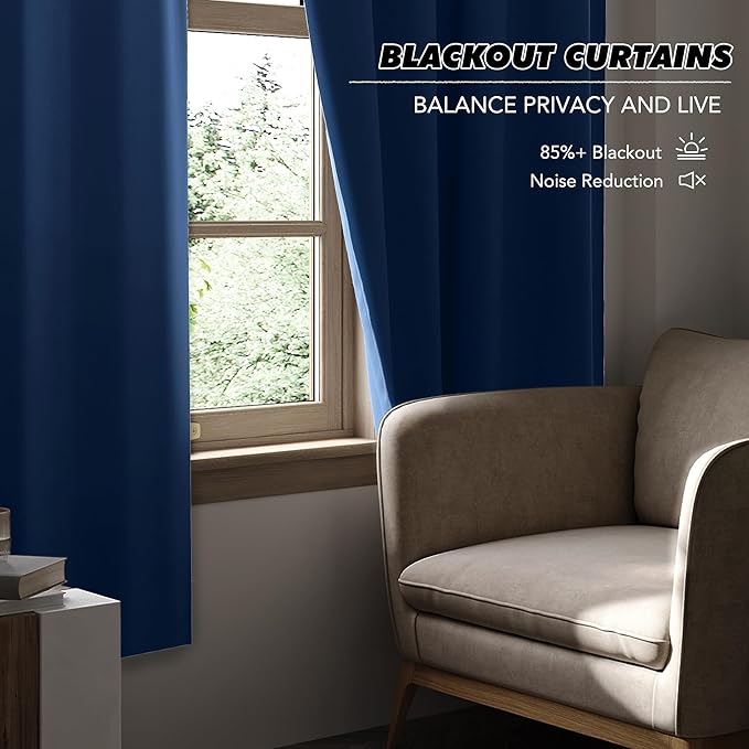 KGORGE Blackout Curtains for Bedroom, Privacy Thermal Insulation Room Darkening Noise Reducing Rod Pocket and Back Tab Drapes for Living Room Bedroom, W52 x L63 inches, Blue, 2 Panels