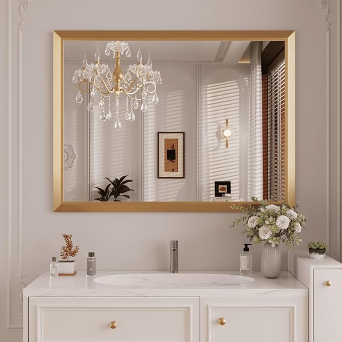 Amorho Bathroom Mirror, 48x36 Inch Golden Thick Metal Framed Wall Mirrors for Over Sink, Wall-Mounted Mirrors Perfect for Bedroom, Living Room, Entryway, Rectangle (Horizontal/Vertical).