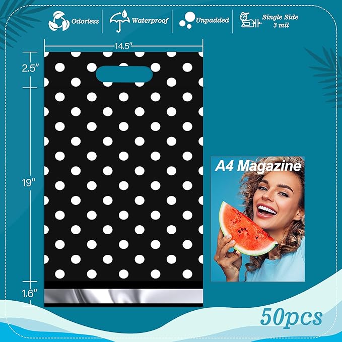 JinRuiKJ Poly Mailers with Handle 14.5x19 Inch 50 Pcs, Easy to Carry Packaging Bags for Small Business, Thank You Shipping Bags with Self Adhesive Strip, Tearproof and Waterproof - White Polka Dot