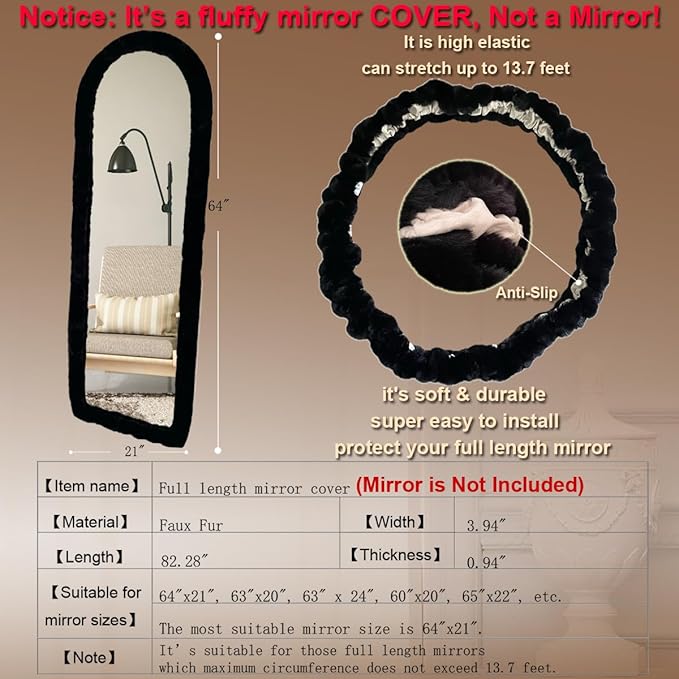 Fluffy Mirror Cover - 64"x21" Full Length Stretch Universal Ultra Soft Non-Slip Cover Warm Home Decor for Bedroom Cloakroom, Gift for Girls