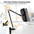 Tablet Stand Holder-Adjustable iPad Desk Mount with 360° Rotating Base for 6.3-16" Devices-Foldable Aluminum ipad Arm Mount for Desk,Bed,Kitchen-Compatible with iPhone,iPad,Tablet,Portable Monitor