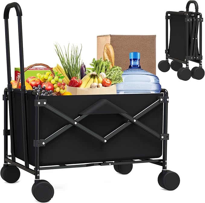 Collapsible Folding Shopping Cart, Portable Foldable Wagon with 220lbs Large Capacity, Collapsible Utility Wagon Cart for Shopping, Grocery, Camping, Gardening
