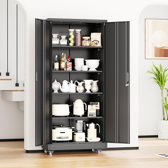INTERGREAT Metal Storage Cabinet with Wheels, 72" Garage Storage Cabinets with Door and 4 Shelves, Tool Storage Locker on Caster for Home, Office, Black