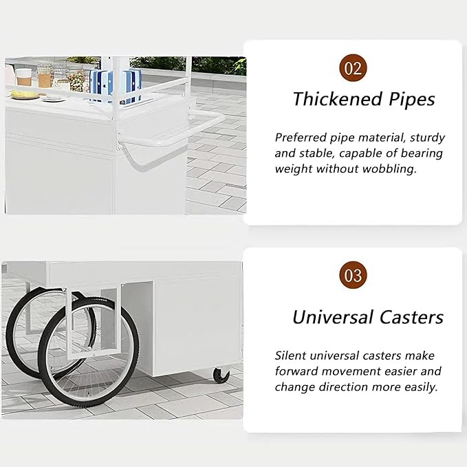 Food Cart for Business with Striped Canopy, Mobile Display Stand with Storage Drawers, for Street Food, Farmers Markets, Outdoor Events (Blue, 39.37 * 27.56 * 78.74in)