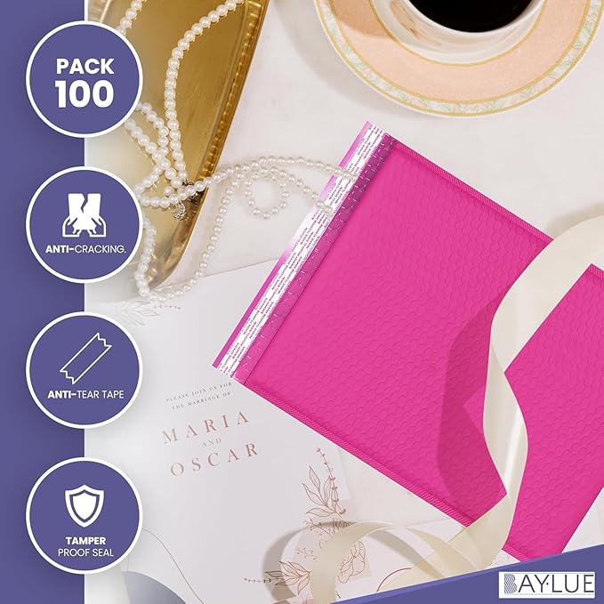 Hot Pink Large Poly Bubble Mailers 12x15 inch | Self Seal Padded Envelopes Cushioned Bubble Mailer | Usable Size 12x15 | WaterProof | Lightweight mailing Shipping Bags | 100 Pack Bulk