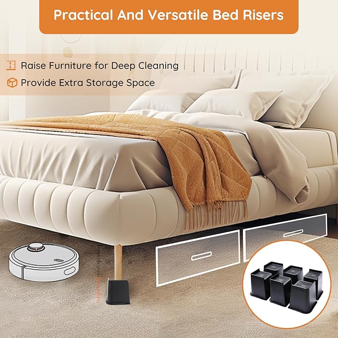 Bed Risers, Oversized Furniture Risers, 6 inch Raise Blocks for Bed Couch Desk Sofa Table Lifts, Furniture Legs Lifters Support up to 6000 Lbs (Black, 6 Pack Set)