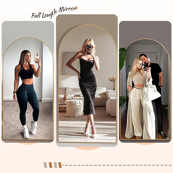 EOGOW 71" x 31" Arched Full Body Mirror,Standing or Leaning Tempered Glass Shatterproof Full Length Mirror with Stand for Bedroom Living Room Entryway,Gold