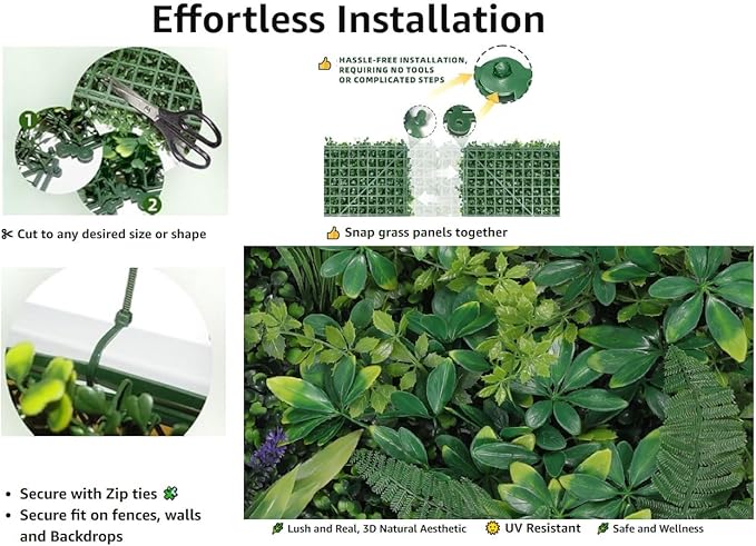 Artificial Boxwood Panel 20"x20" 6 Pieces, Green Grass Wall Backdrop for Fence Patio Backrop Balcony, Faux Ivy Privacy Fence Screen, 5 PCS Vines, 60 PCS Violet Flower, 2 PCS Light Strip