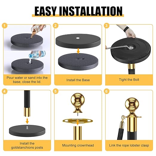 kaiyomi 6Pcs Stanchions with Black Velvet Ropes Set, 5 Feet Velvet Ropes and Posts Poles for Red Carpet Party Decoration and 360° Photo Booth (Golden & Black)