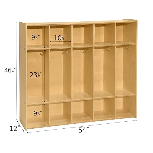 Contender 54" 5 Section Daycare Cubby Coat Locker with Storage, Wooden Backpack Organizer with Hooks for Classroom [Greenguard Gold Certified]
