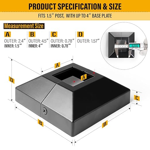 1.5"x1.5"（Actual: 1.5"x1.5"） Deck Post Base Cover Decorative Post Base Trim Skirt Black Aluminum 1Pack