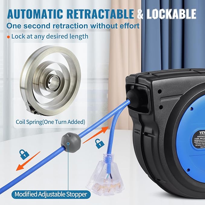 VEVOR 65FT Retractable Extension Cord Reel, 12AWG/3C SJTOW Heavy Duty Power Cord w/Lighted Electrical Triple Tap Outlets, 15A Circuit Breaker,180° Swivel Bracket for Workshop or Garage, Blue