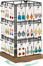 EsLuker.ly Rotating Earring Display Holder Stand for Vendors Events Selling, Large Capacity 36 Hooks Jewelry Rack with Wooden Base for Earring Card Sales, Enhances Retail Visibility(Brown)