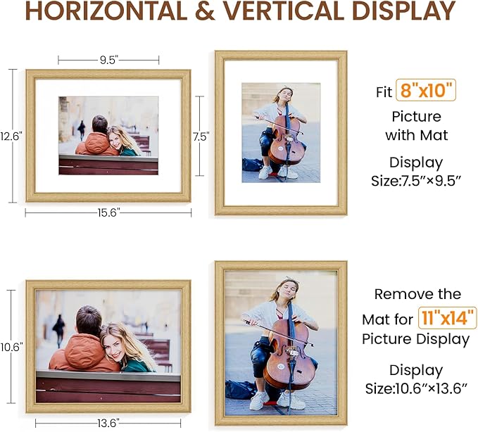 Natural Oak 11x14 Picture Frames Mat to 8x10 Picture Display Set of 3,Original Wood Handcrafted 11x14 Diploma Frame with Tempered Glass Graduation Family Wedding Certificate Photo Wall Mounted