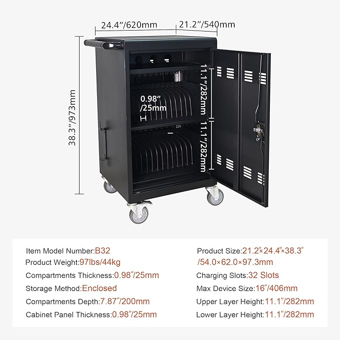 Laptop Charging Cart,32 Devices Tablet Storage Carts for Pad Up to 16.3" Screen Size, Classroom Computer Mobile Charging Station for Pads,Chromebooks,Laptops,Security Storage (30+2 Bay-Black)