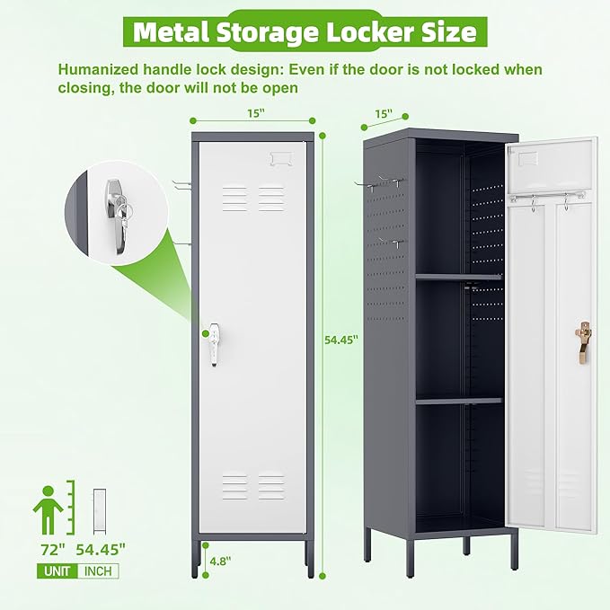 Aobabo Metal Locker, 54" H Metal Storage Locker for Employees, Lockable 1 Door with Towel Rack and 2 Side Pegboards with Hooks for Home School Office Gym, Assembly Required (Gray White)