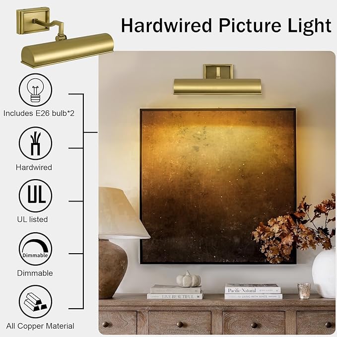 Picture Light 12" Brass Picture Lights for Wall 2-Light Gold Picture Frame Light Dimmable Art Gallery Light Accent Lighting Bathroom Wall Sconce for Artwork Poster Portrait Library Display