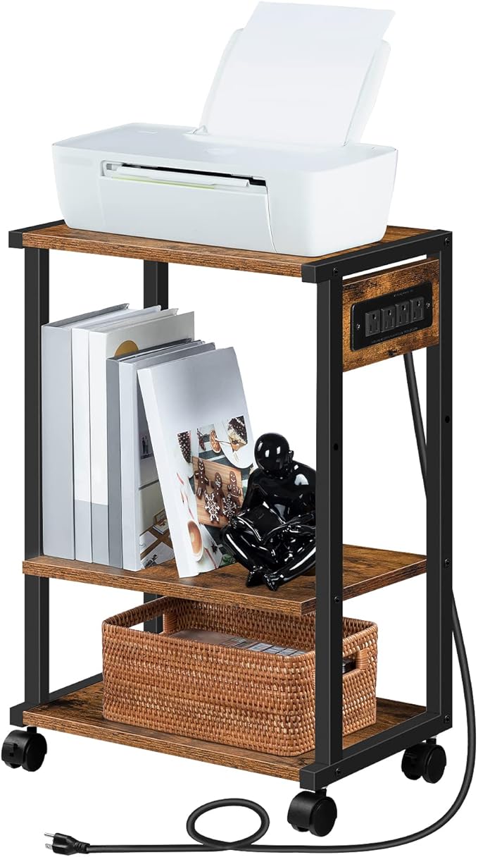 HOOBRO Industrial Printer Stand with Charging Station, 3-Tier Printer Table, Rolling Printer Cart with Adjustable Shelf and Hook, Rustic Brown and Black BF28UPS01