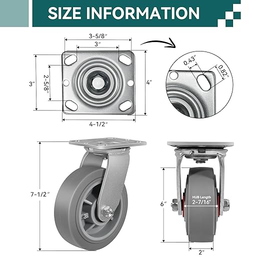 6'' × 2'' Caster Wheel, Heavy Duty Industrial Caster, Rubber Wheels with Roller Bearing, Load 900lbs per Swivel Casters for Cart Dolly Toolbox Trolley (1 Swivel)