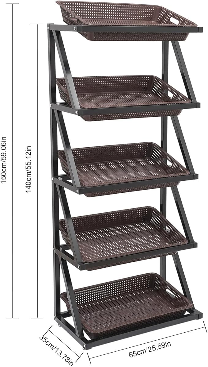 5 Tiers Retail Display Rack, Single Row Commercial Market Shelf Fruit and Vegetable Basket Stand Rack Set Snack Pantry Shelf Unit for Kitchen, Office, Store