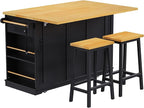 Rolling Kitchen Island with 2 Bar Stools, Drop Leaf & Power Outlet, Large Kitchen Islands Cart on Wheels, Movable Kitchen Island with 5 Open Shelves & Towel Rack for Kitchen, Dining Room, 53″, Black