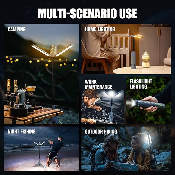 BUBRA Rechargeable Telescopic Camping Light with Power Bank & Stand, IP44 Waterproof Stepless Dimming Work Light & Flashlight, 3-Mode Portable LED Lantern for Emergency, Outdoor, Garage, Power Outages