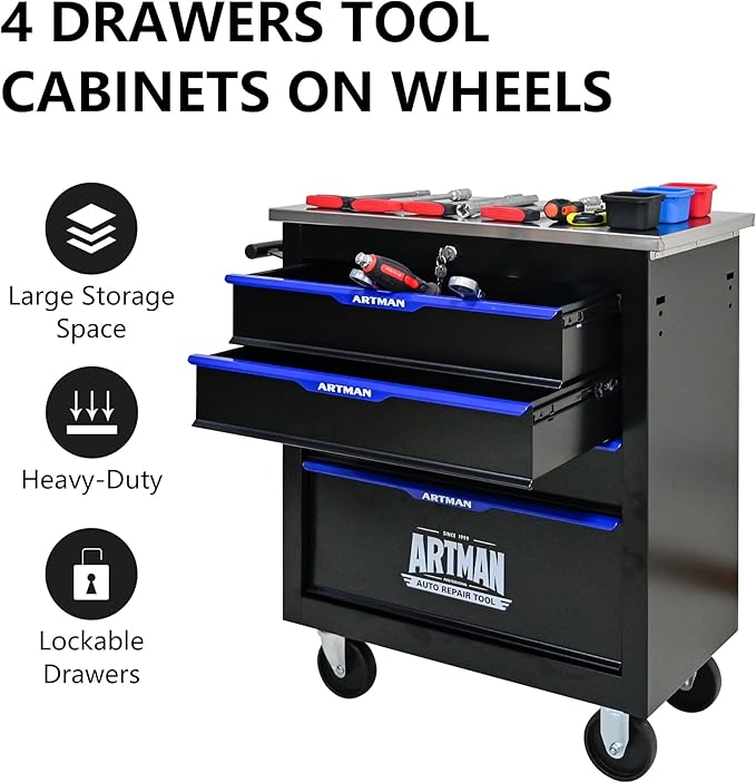 4 Drawer Rolling Tool Chest with Locker, 25.9" D Metal Movable Lockable Tool Cart Box Multi-Functional Hardware Storage Cabinet Box for Warehouse Basement Home Pantry Garage