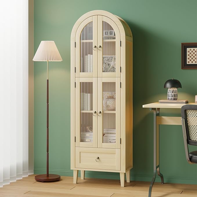 71” Tall Arched Pantry Cabinet with Glass Door, Display Cabinet Organizer with Drawer, Versatile Pantry with Top-Opening Storage Container for Living, Kitchen Dining Room, Natural