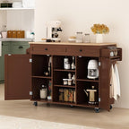 HLR Kitchen Island On Wheels, Brown Rolling Kitchen Island Cart with Solid Wood Drop Leaf Breakfast Bar, Barn Door Kitchen Islands with Storage Cabinet and Tower Rack, Island Table for Kitchen